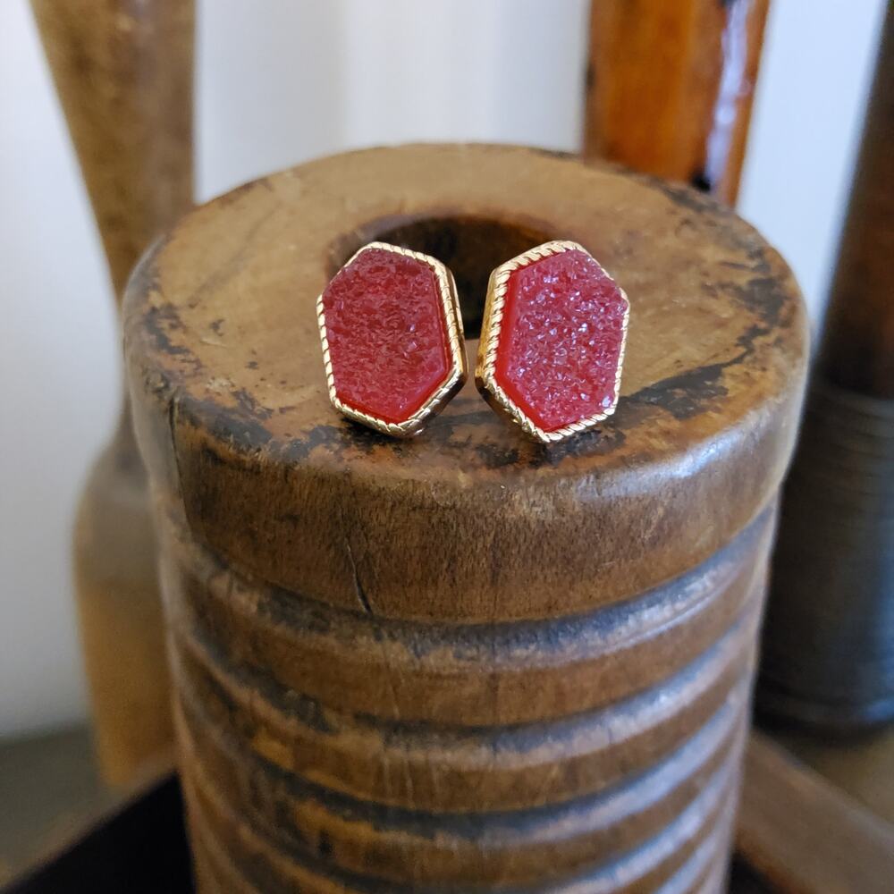 Women's Fashion Druzy Stud Earrings in Red Gold Tone